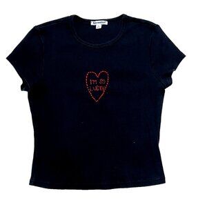Reformation Black Short Sleeve Tee with Red Heart Embroidery